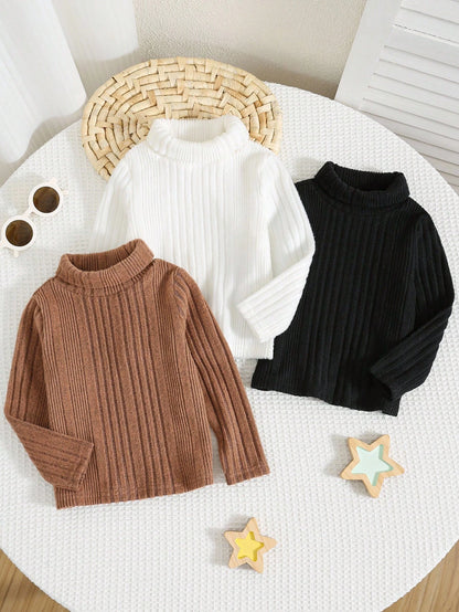 3pcs Baby Boys Thermal Lined High Neck Long Sleeve T-Shirt,Winter Modest Black And White Carrer Day Back-To-School Casual Versatile Cute Autumn Tops