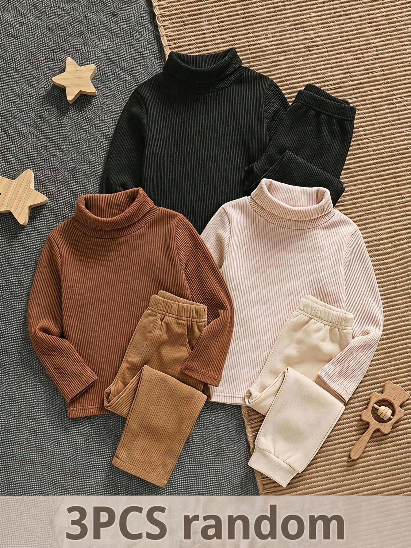 3pcs Baby Boys Thermal Lined High Neck Long Sleeve T-Shirt,Winter Modest Black And White Carrer Day Back-To-School Casual Versatile Cute Autumn Tops