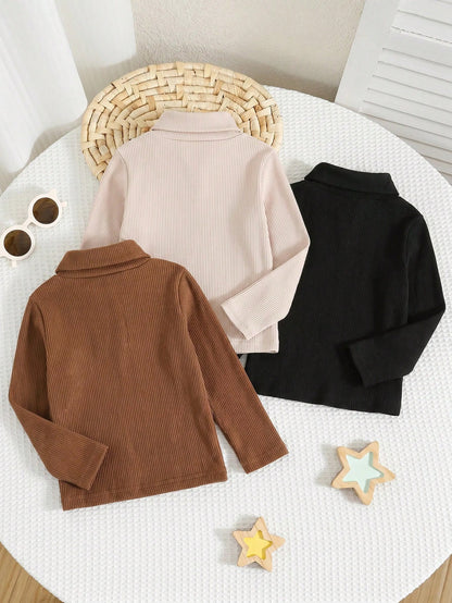 3pcs Baby Boys Thermal Lined High Neck Long Sleeve T-Shirt,Winter Modest Black And White Carrer Day Back-To-School Casual Versatile Cute Autumn Tops