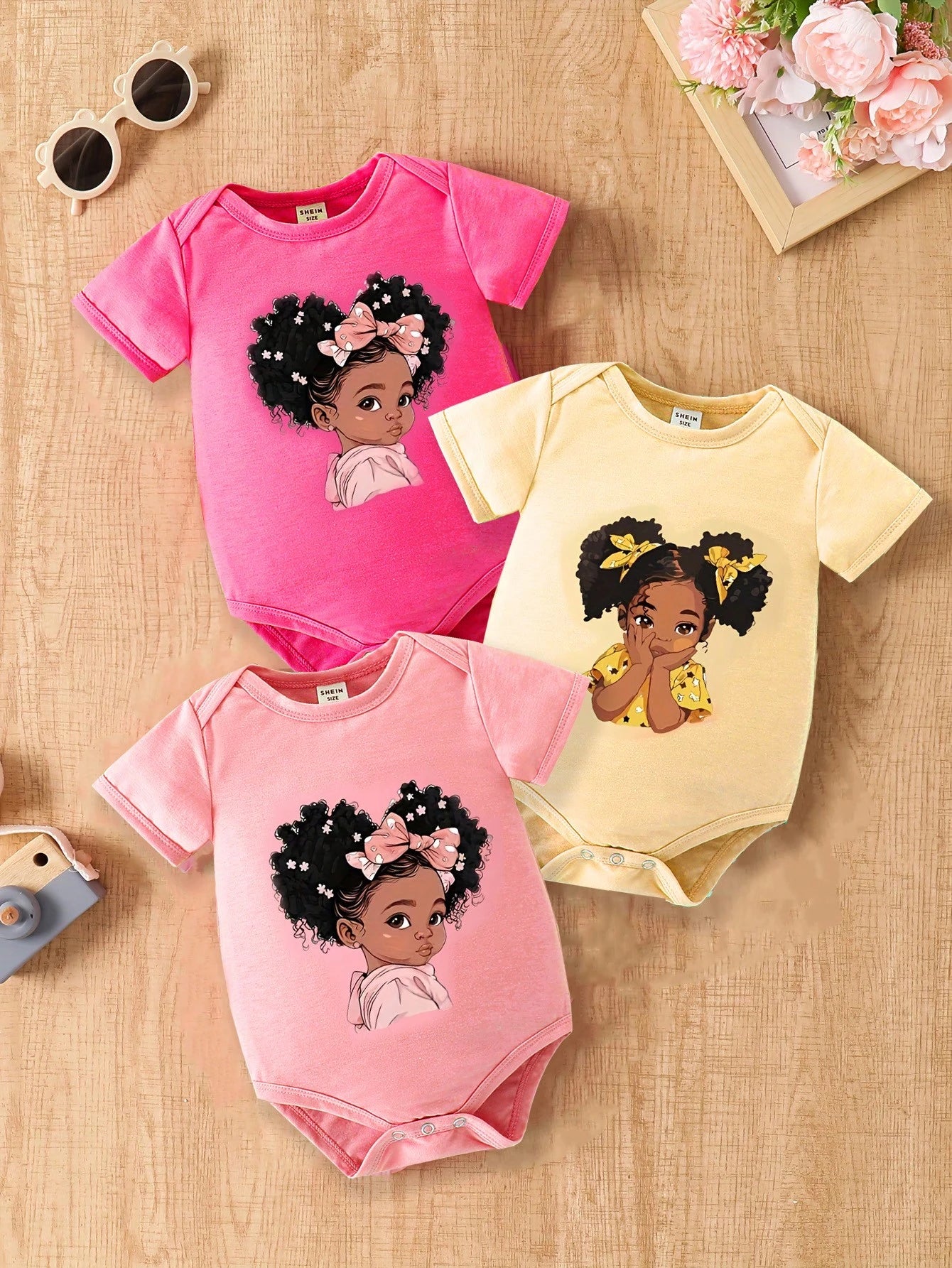 3pcs Baby Girls' Cute Cartoon Bowknot, Curly Hair & Triangle Print Short Sleeve Bodysuit