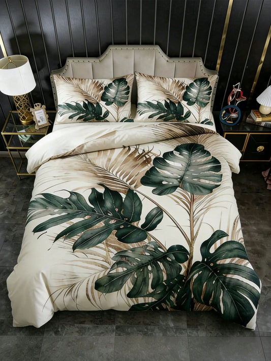 3pcs Bohemian Tropical Monstera Leaf Duvet Cover Set, Pillowcase Pattern Random (1pc Duvet Cover + 1/2pcs Pillowcase Excl. Pillow Insert), Soft Warm Comfortable Bedroom, Guest Room, Dorm Bedding Set