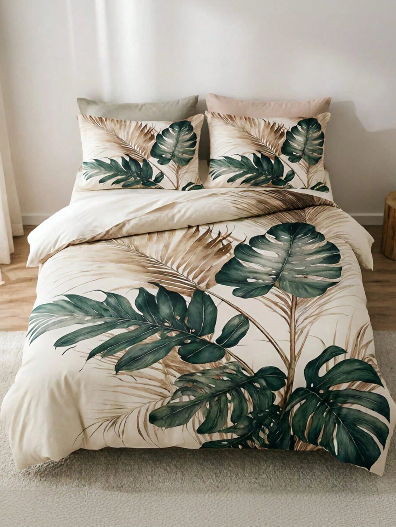 3pcs Bohemian Tropical Monstera Leaf Duvet Cover Set, Pillowcase Pattern Random (1pc Duvet Cover + 1/2pcs Pillowcase Excl. Pillow Insert), Soft Warm Comfortable Bedroom, Guest Room, Dorm Bedding Set