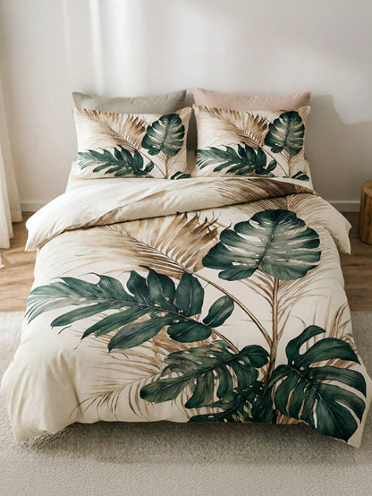 3pcs Bohemian Tropical Monstera Leaf Duvet Cover Set, Pillowcase Pattern Random (1pc Duvet Cover + 1/2pcs Pillowcase Excl. Pillow Insert), Soft Warm Comfortable Bedroom, Guest Room, Dorm Bedding Set