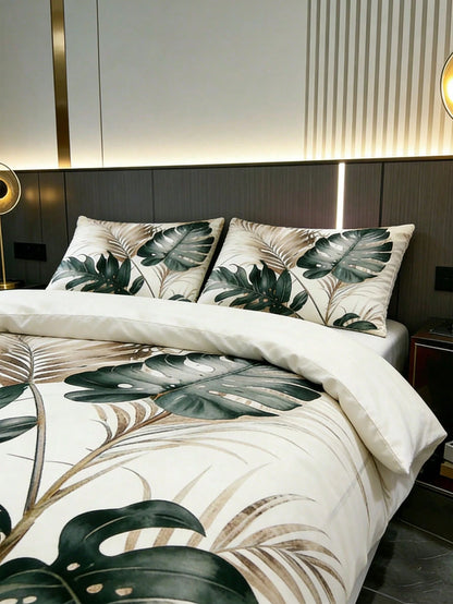 3pcs Bohemian Tropical Monstera Leaf Duvet Cover Set, Pillowcase Pattern Random (1pc Duvet Cover + 1/2pcs Pillowcase Excl. Pillow Insert), Soft Warm Comfortable Bedroom, Guest Room, Dorm Bedding Set