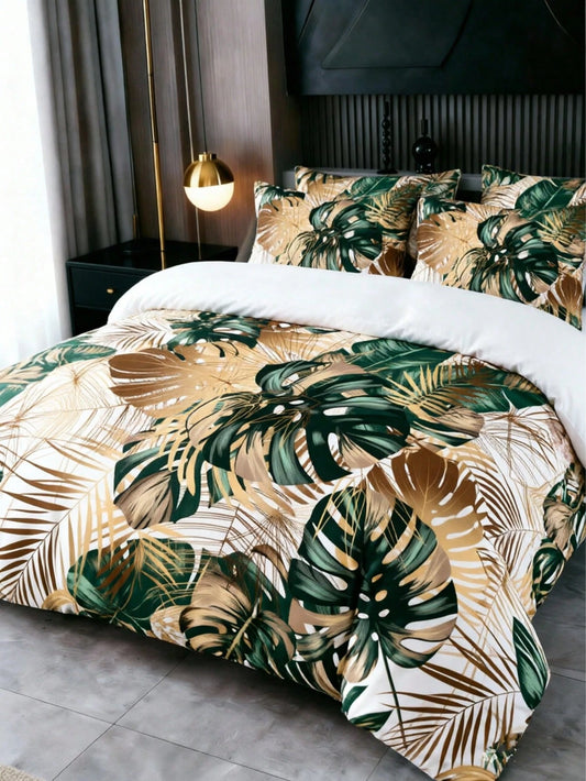 3Pcs Boho Tropical Botanical Palm Leaf & Hibiscus 2D Plane Non-Gilded Not Fade Print Leaf Duvet Cover Pillow Cover Pattern Is Random Duvet Cover Set (1 Duvet Cover + 2 Pillowcase Without Pillow Insert