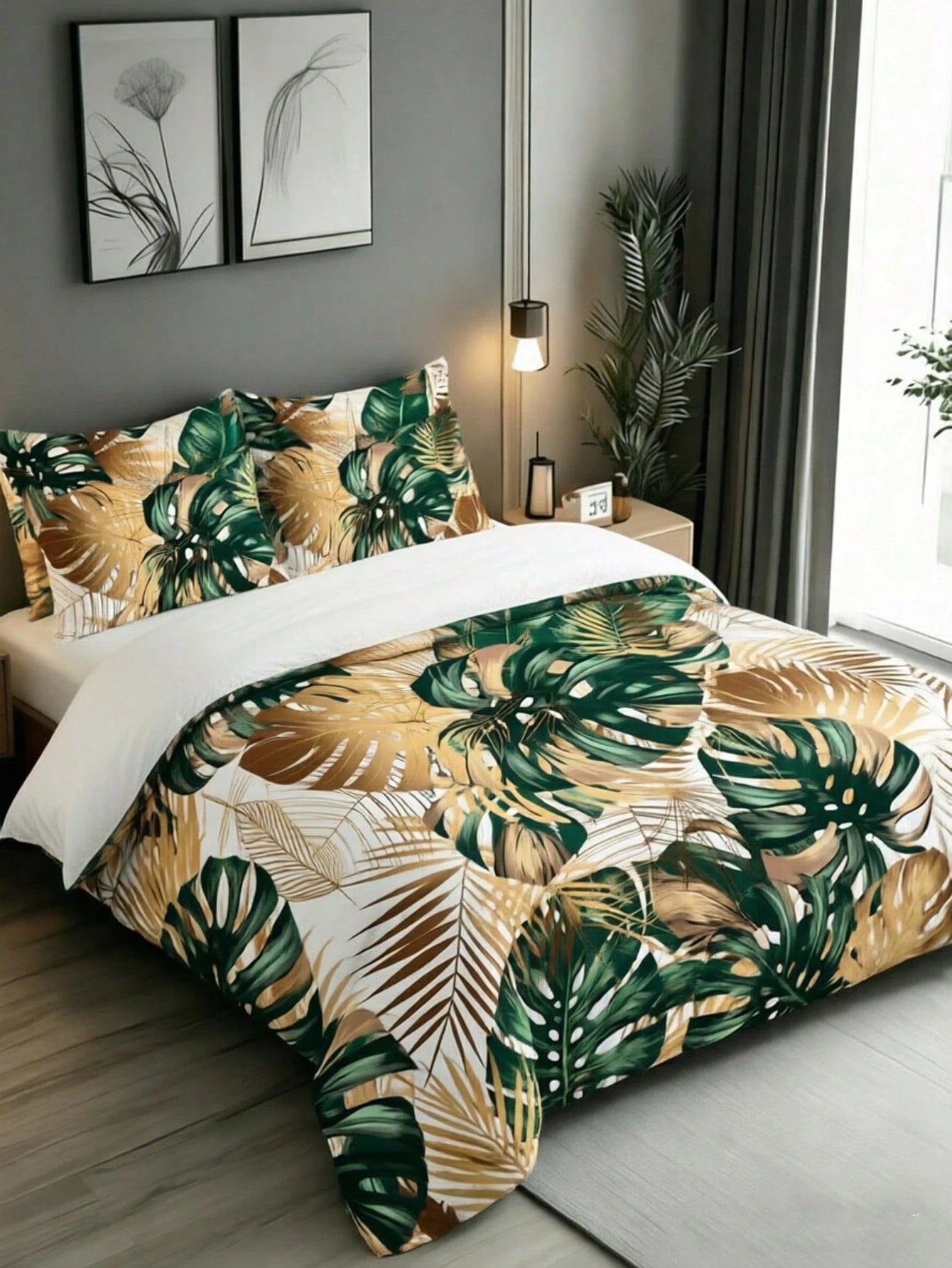3Pcs Boho Tropical Botanical Palm Leaf & Hibiscus 2D Plane Non-Gilded Not Fade Print Leaf Duvet Cover Pillow Cover Pattern Is Random Duvet Cover Set (1 Duvet Cover + 2 Pillowcase Without Pillow Insert