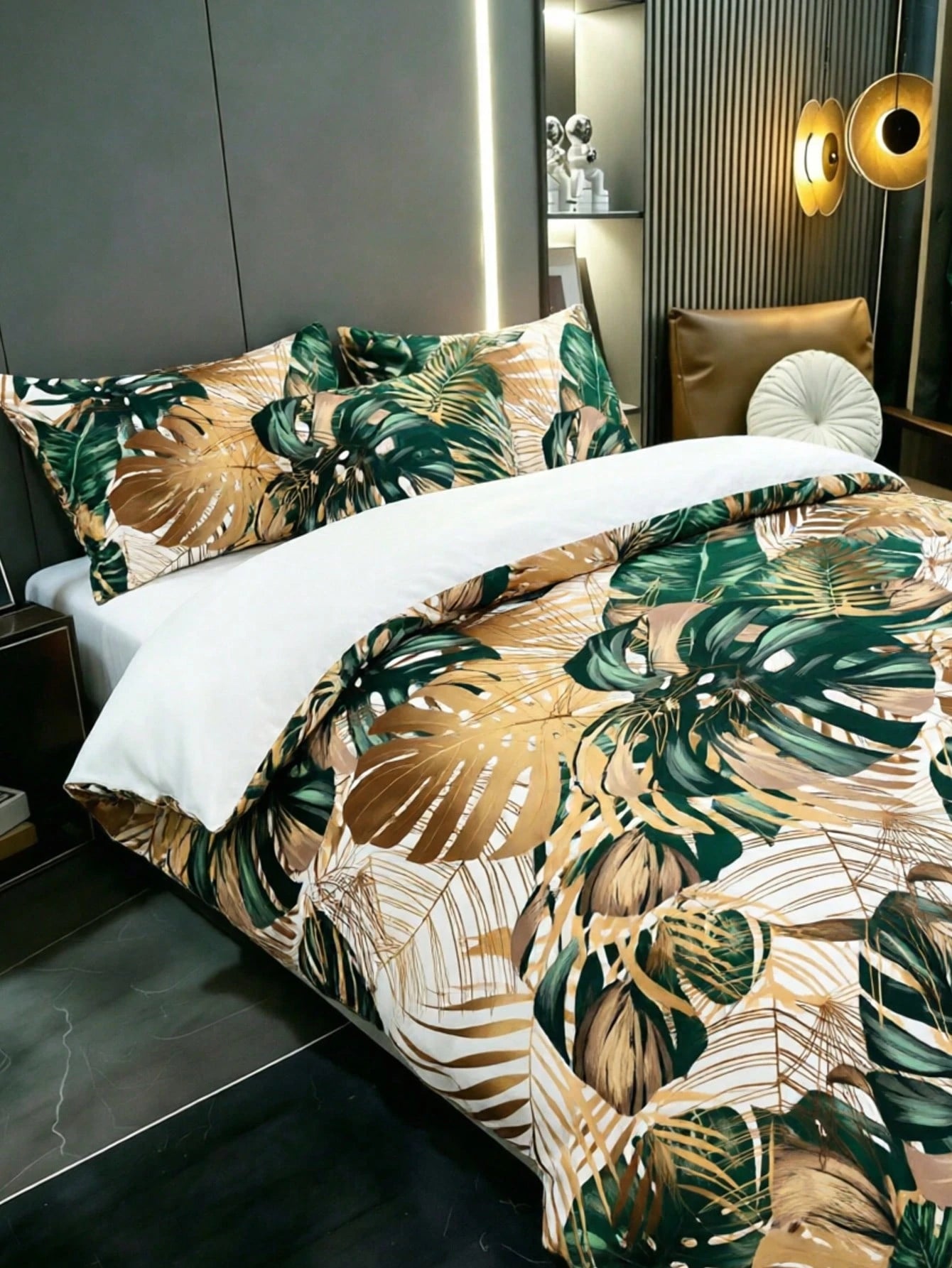 3Pcs Boho Tropical Botanical Palm Leaf & Hibiscus 2D Plane Non-Gilded Not Fade Print Leaf Duvet Cover Pillow Cover Pattern Is Random Duvet Cover Set (1 Duvet Cover + 2 Pillowcase Without Pillow Insert