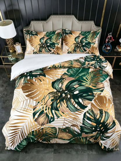 3Pcs Boho Tropical Botanical Palm Leaf & Hibiscus 2D Plane Non-Gilded Not Fade Print Leaf Duvet Cover Pillow Cover Pattern Is Random Duvet Cover Set (1 Duvet Cover + 2 Pillowcase Without Pillow Insert