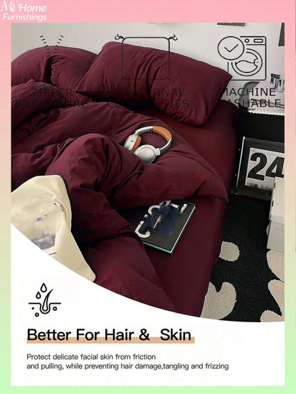3pcs Burgundy Bedding Set, 1 Duvet Cover And 2 Pillowcases, Dorm Bedding For Boys And Girls, Simple Fashion Home Decor, Soft And Comfortable Bedroom Bedding, Fashionable Set, Machine Washable, No Fill