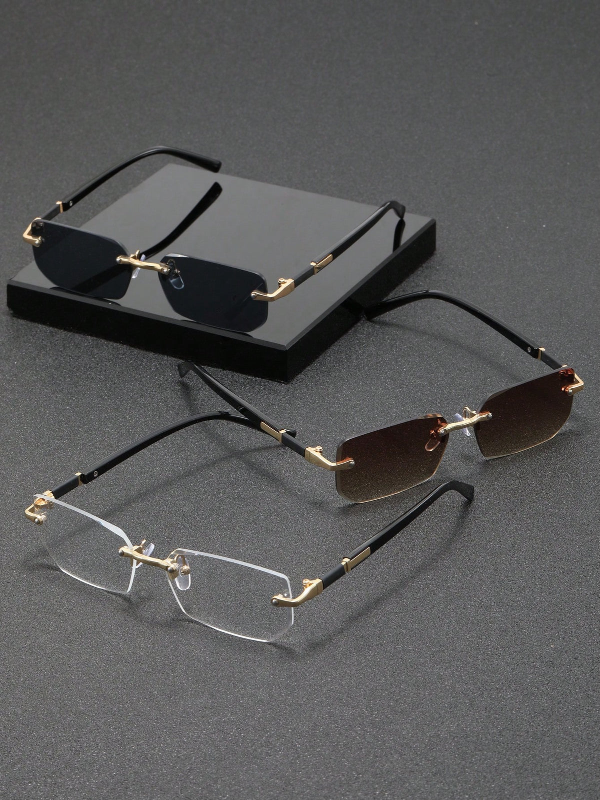 3pcs Frameless Rectangular Metal Glasses, Chic High-End Eyewear For Business, Travel And Daily Wear