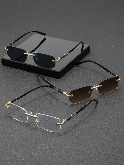 3pcs Frameless Rectangular Metal Glasses, Chic High-End Eyewear For Business, Travel And Daily Wear