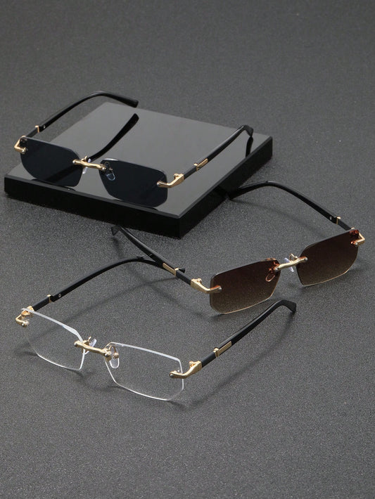 3pcs Frameless Rectangular Metal Glasses, Chic High-End Eyewear For Business, Travel And Daily Wear