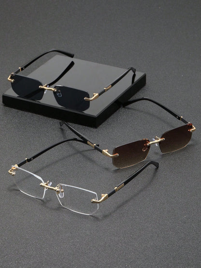 3pcs Frameless Rectangular Metal Glasses, Chic High-End Eyewear For Business, Travel And Daily Wear