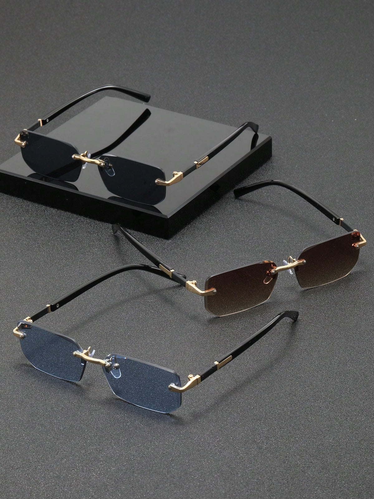 3pcs Frameless Rectangular Metal Glasses, Chic High-End Eyewear For Business, Travel And Daily Wear