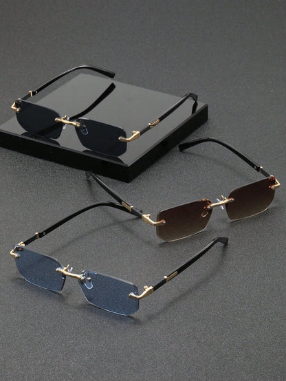3pcs Frameless Rectangular Metal Glasses, Chic High-End Eyewear For Business, Travel And Daily Wear