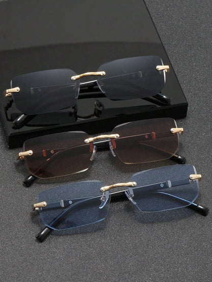 3pcs Frameless Rectangular Metal Glasses, Chic High-End Eyewear For Business, Travel And Daily Wear