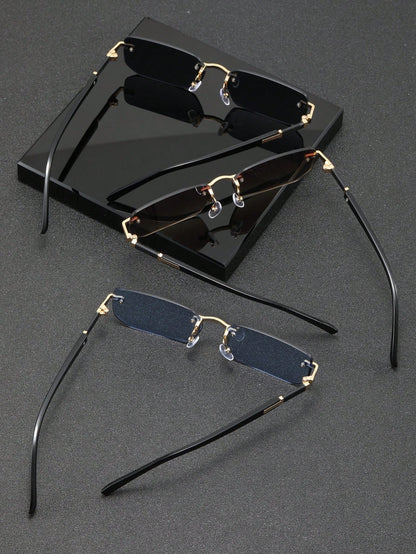 3pcs Frameless Rectangular Metal Glasses, Chic High-End Eyewear For Business, Travel And Daily Wear