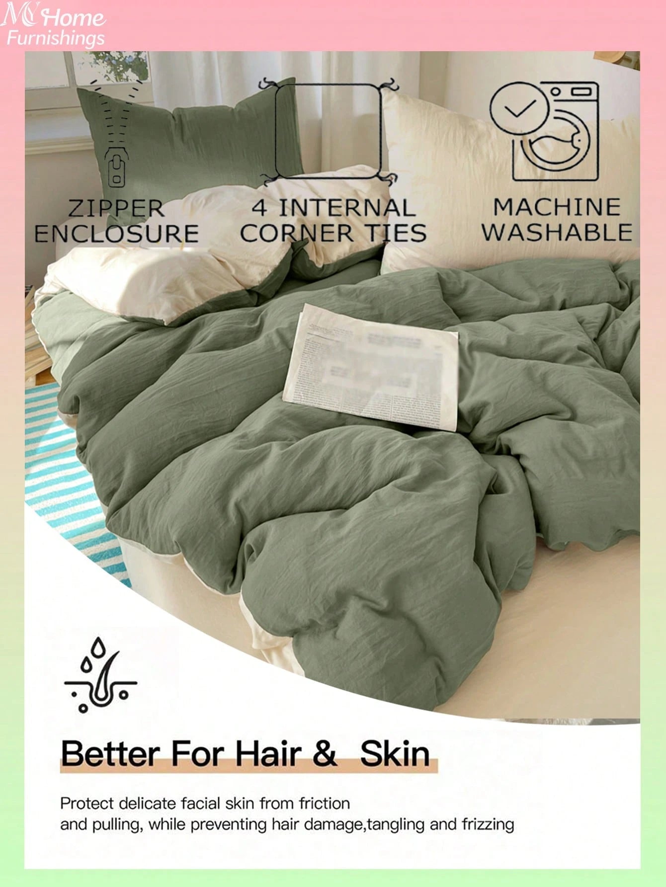 3pcs Green & Light Yellow Bedding Set, 1 Duvet Cover & 2 Pillowcases, Dorm Bedding For Boys & Girls, Simple Fashion Home Decor, Soft & Comfortable Bedroom Bedding, Fashion Set, Machine Washable, No Fi