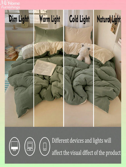 3pcs Green & Light Yellow Bedding Set, 1 Duvet Cover & 2 Pillowcases, Dorm Bedding For Boys & Girls, Simple Fashion Home Decor, Soft & Comfortable Bedroom Bedding, Fashion Set, Machine Washable, No Fi