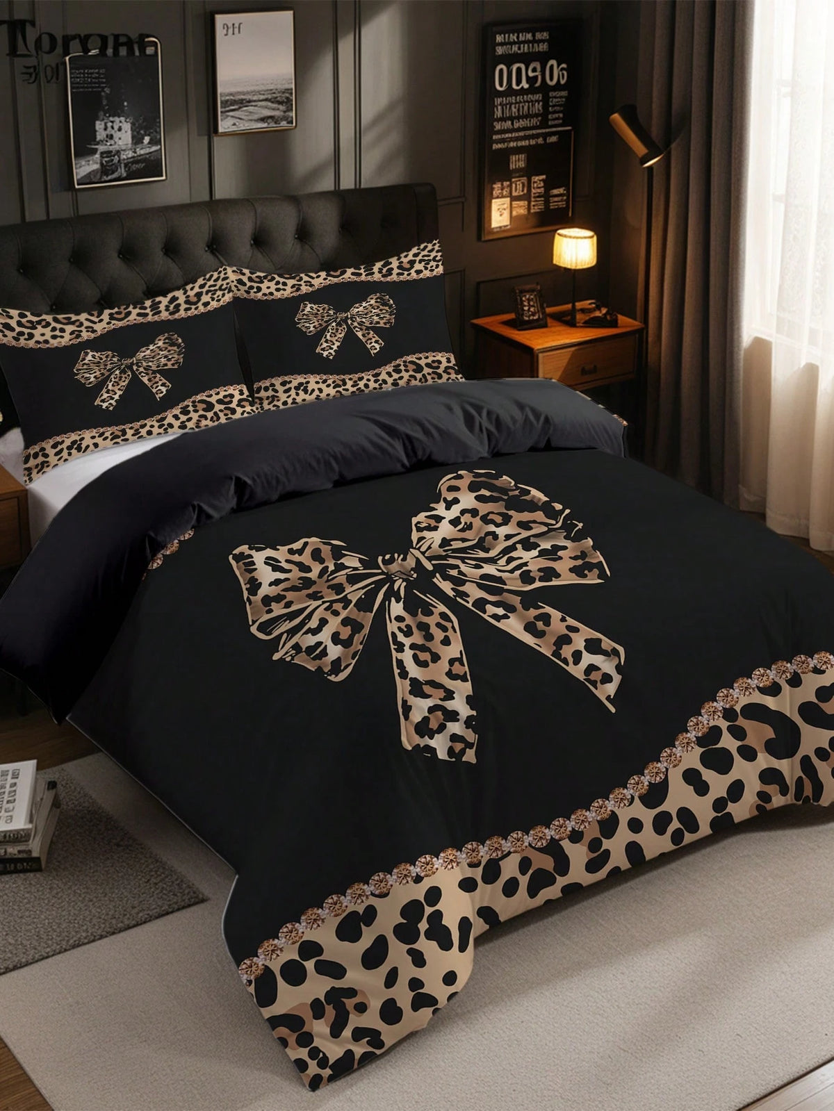 3pcs Leopard Print Bow Bedding Set (1 Duvet Cover + 2 Pillowcases, Comforter Not Included), Featuring Sexy Alluring Leopard Print Design, Soft & Skin-Friendly, Relieving Visual Fatigue, Suitable For A