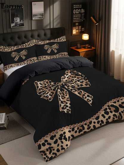 3pcs Leopard Print Bow Bedding Set (1 Duvet Cover + 2 Pillowcases, Comforter Not Included), Featuring Sexy Alluring Leopard Print Design, Soft & Skin-Friendly, Relieving Visual Fatigue, Suitable For A