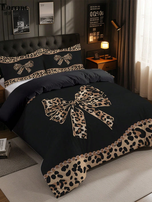 3pcs Leopard Print Bow Bedding Set (1 Duvet Cover + 2 Pillowcases, Comforter Not Included), Featuring Sexy Alluring Leopard Print Design, Soft & Skin-Friendly, Relieving Visual Fatigue, Suitable For A