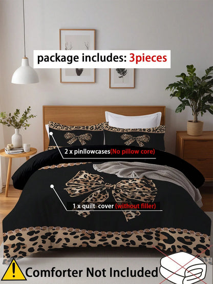 3pcs Leopard Print Bow Bedding Set (1 Duvet Cover + 2 Pillowcases, Comforter Not Included), Featuring Sexy Alluring Leopard Print Design, Soft & Skin-Friendly, Relieving Visual Fatigue, Suitable For A
