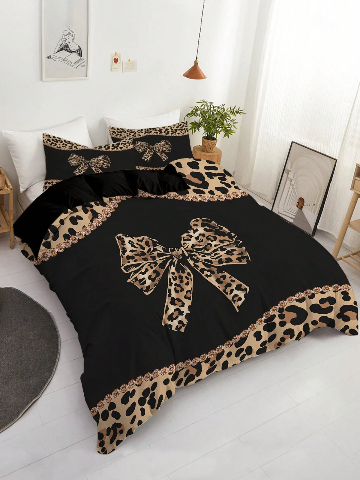 3pcs Leopard Print Bow Bedding Set (1 Duvet Cover + 2 Pillowcases, Comforter Not Included), Featuring Sexy Alluring Leopard Print Design, Soft & Skin-Friendly, Relieving Visual Fatigue, Suitable For A