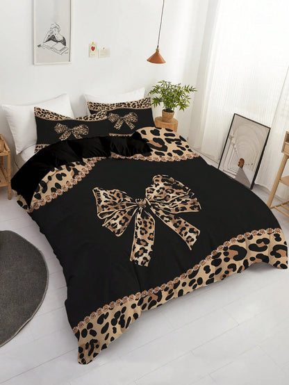 3pcs Leopard Print Bow Bedding Set (1 Duvet Cover + 2 Pillowcases, Comforter Not Included), Featuring Sexy Alluring Leopard Print Design, Soft & Skin-Friendly, Relieving Visual Fatigue, Suitable For A