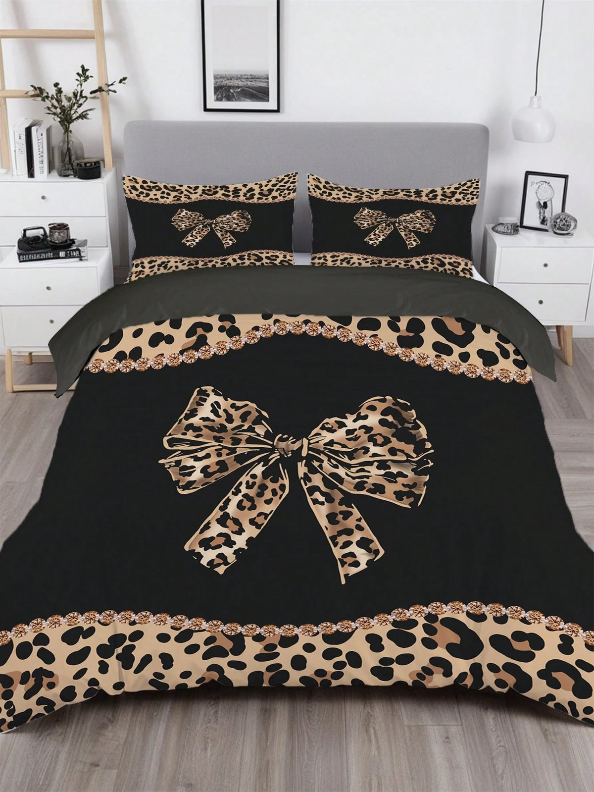 3pcs Leopard Print Bow Bedding Set (1 Duvet Cover + 2 Pillowcases, Comforter Not Included), Featuring Sexy Alluring Leopard Print Design, Soft & Skin-Friendly, Relieving Visual Fatigue, Suitable For A