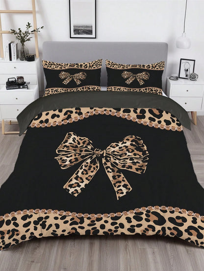 3pcs Leopard Print Bow Bedding Set (1 Duvet Cover + 2 Pillowcases, Comforter Not Included), Featuring Sexy Alluring Leopard Print Design, Soft & Skin-Friendly, Relieving Visual Fatigue, Suitable For A