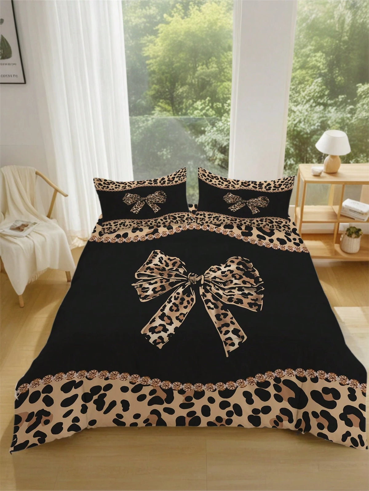 3pcs Leopard Print Bow Bedding Set (1 Duvet Cover + 2 Pillowcases, Comforter Not Included), Featuring Sexy Alluring Leopard Print Design, Soft & Skin-Friendly, Relieving Visual Fatigue, Suitable For A