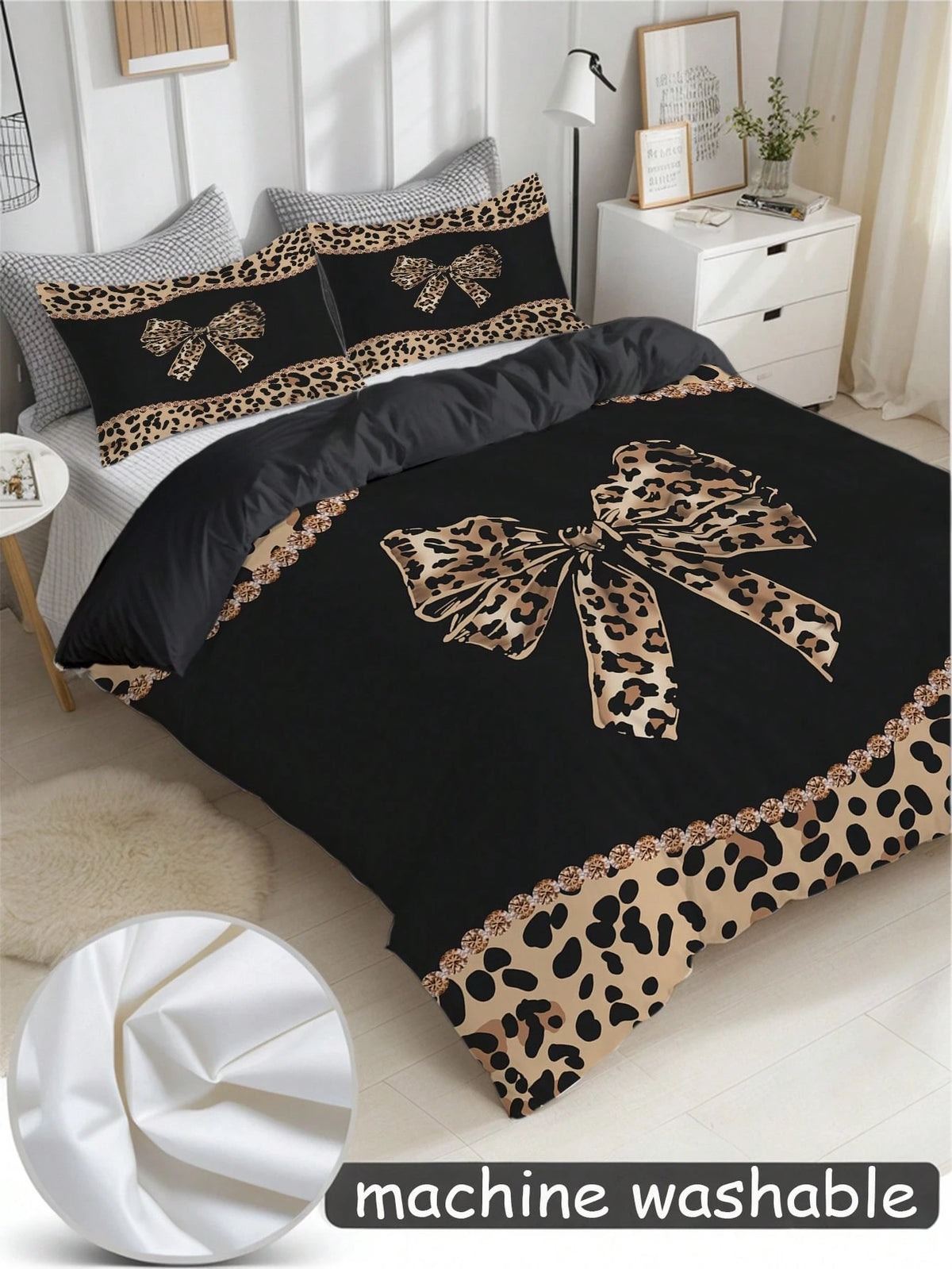3pcs Leopard Print Bow Bedding Set (1 Duvet Cover + 2 Pillowcases, Comforter Not Included), Featuring Sexy Alluring Leopard Print Design, Soft & Skin-Friendly, Relieving Visual Fatigue, Suitable For A
