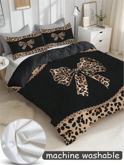 3pcs Leopard Print Bow Bedding Set (1 Duvet Cover + 2 Pillowcases, Comforter Not Included), Featuring Sexy Alluring Leopard Print Design, Soft & Skin-Friendly, Relieving Visual Fatigue, Suitable For A