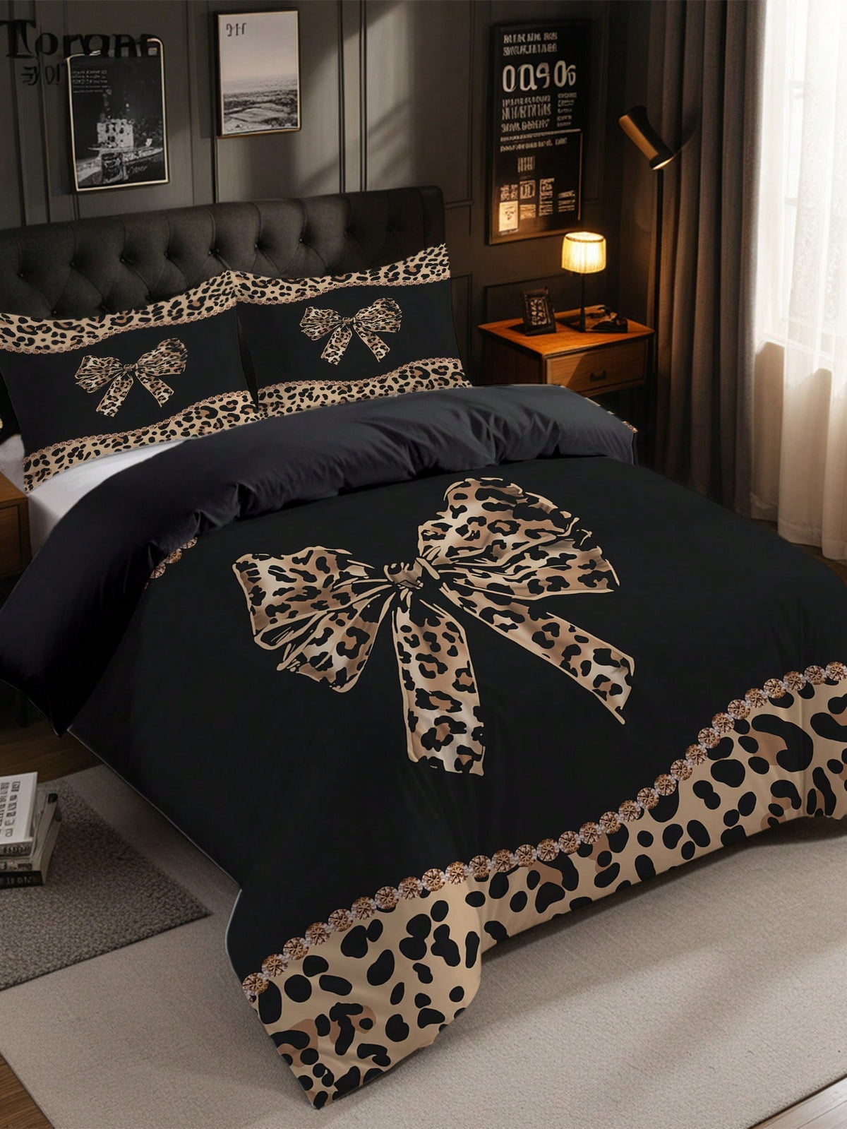 3pcs Leopard Print Bow Bedding Set (1 Duvet Cover + 2 Pillowcases, Comforter Not Included), Featuring Sexy Alluring Leopard Print Design, Soft & Skin-Friendly, Relieving Visual Fatigue, Suitable For A