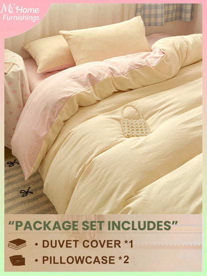 3pcs Light Yellow And Light Pink Bedding Set, 1 Duvet Cover And 2 Pillowcases, Dorm Bedding For Boys And Girls, Minimalist Fashion Home Decor, Soft And Comfortable Bedroom Bedding, Fashion Set, Machin
