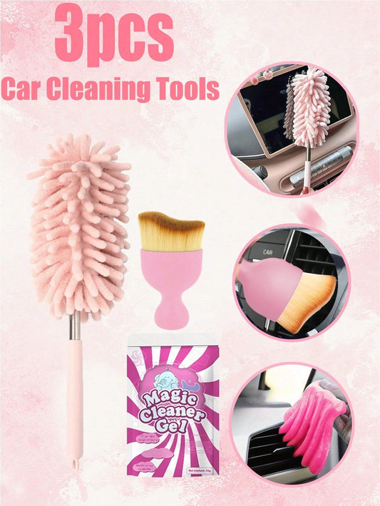 3pcs Mini Car Duster With Extendable & Flexible Ultra-Fine Fiber, Car Vent Cleaner, Detailing Gel And Interior Detail Soft Brush
