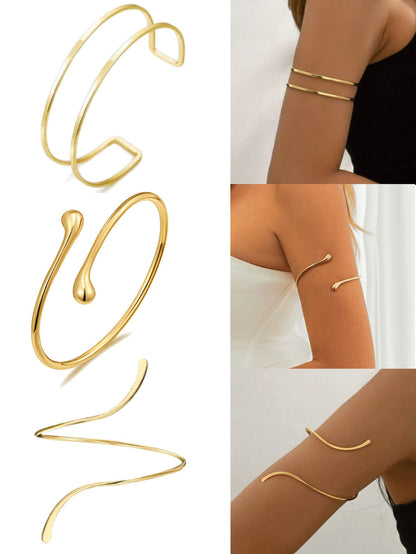 3pcs Minimalist Metal Geometric Line, Water Drop Adjustable Bangle Bracelet Set, Suitable For Daily Wear, Street Style And Beach Vacation, For Women