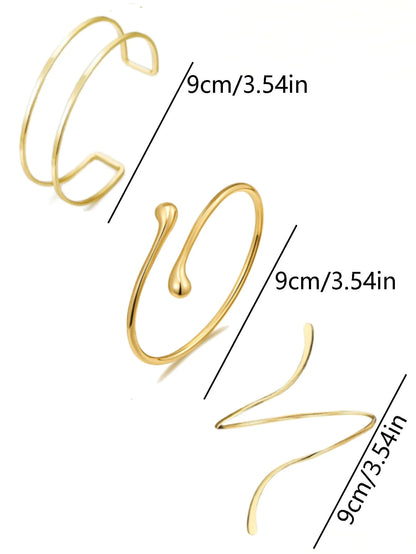3pcs Minimalist Metal Geometric Line, Water Drop Adjustable Bangle Bracelet Set, Suitable For Daily Wear, Street Style And Beach Vacation, For Women