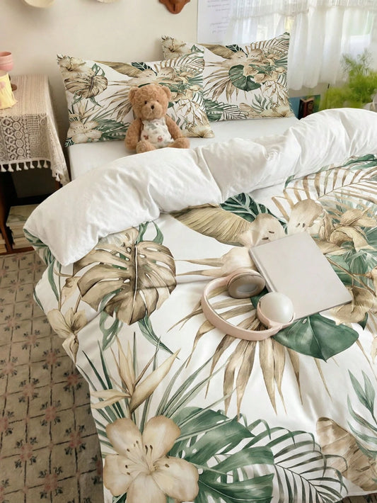 3pcs Morandi Vintage Tropical Palm Monstera Hibiscus Floral Print Duvet Cover Set (1*Duvet Cover + 2*Pillowcases, No Fill), Ins French Country Watercolor Green Plant Floral Digital Print Bedding, Ligh