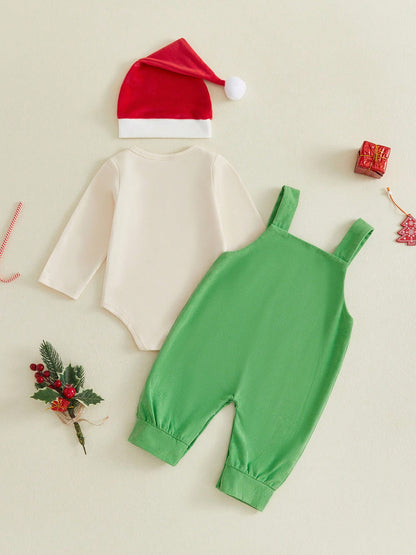 3Pcs Newborn Baby Boy Overalls Set Long Sleeve Romper Tops + Suspender Pants + Hat 3M 6M 9M 12M 18M Infant Fall Christmas Clothes