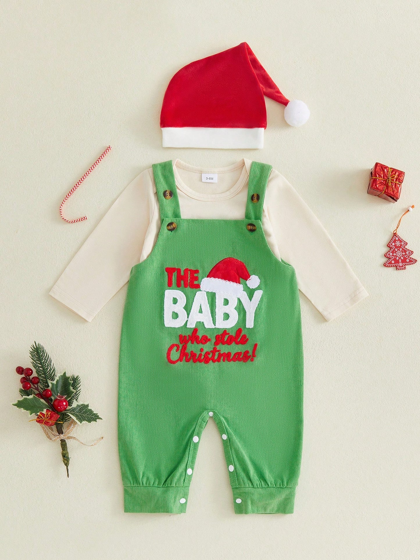 3Pcs Newborn Baby Boy Overalls Set Long Sleeve Romper Tops + Suspender Pants + Hat 3M 6M 9M 12M 18M Infant Fall Christmas Clothes