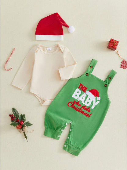 3Pcs Newborn Baby Boy Overalls Set Long Sleeve Romper Tops + Suspender Pants + Hat 3M 6M 9M 12M 18M Infant Fall Christmas Clothes