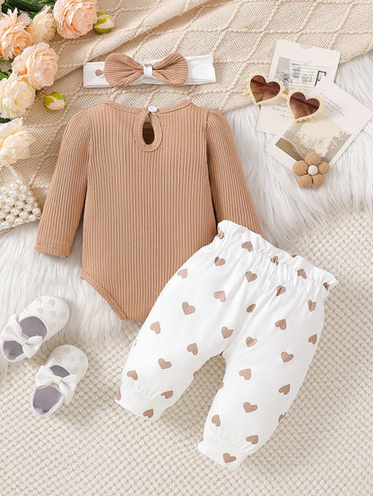 3pcs Newborn Baby Girls Autumn/Winter Cute Ribbed Puff Sleeve Bodysuit, Heart Pattern Bow Pants And Headband Set