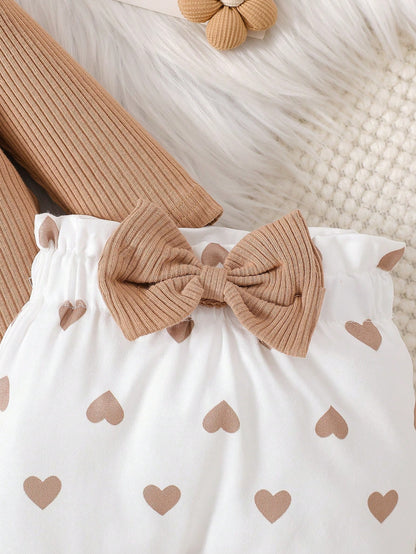 3pcs Newborn Baby Girls Autumn/Winter Cute Ribbed Puff Sleeve Bodysuit, Heart Pattern Bow Pants And Headband Set