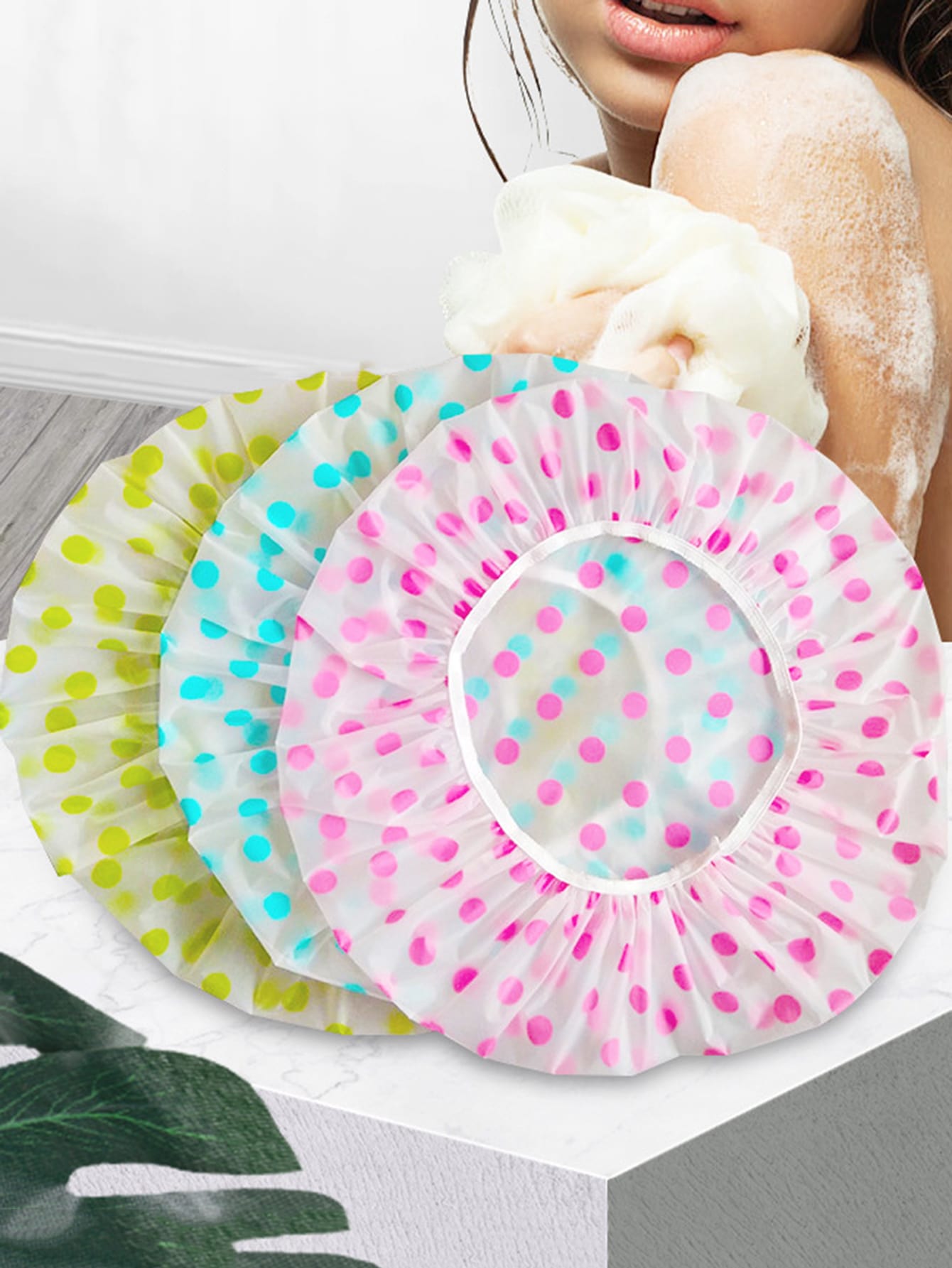 3pcs Polka Dot Pattern Shower Cap, Colorful Multifunction Bath Cap For Household Home Bathroom Decor Fall Decor Back To School