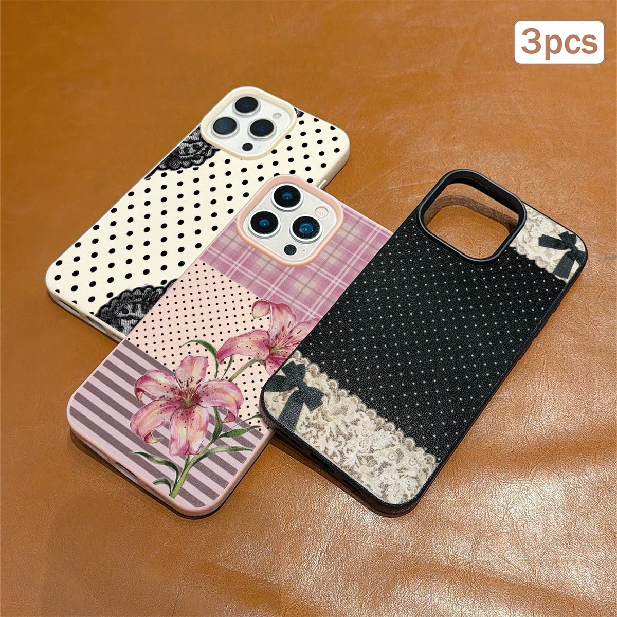 3pcs Polka Dot Print Leather Texture TPU Anti-Drop Full Coverage Protective Phone Case Compatible With Apple 11/12/13/14/15/16/17 Pro Max