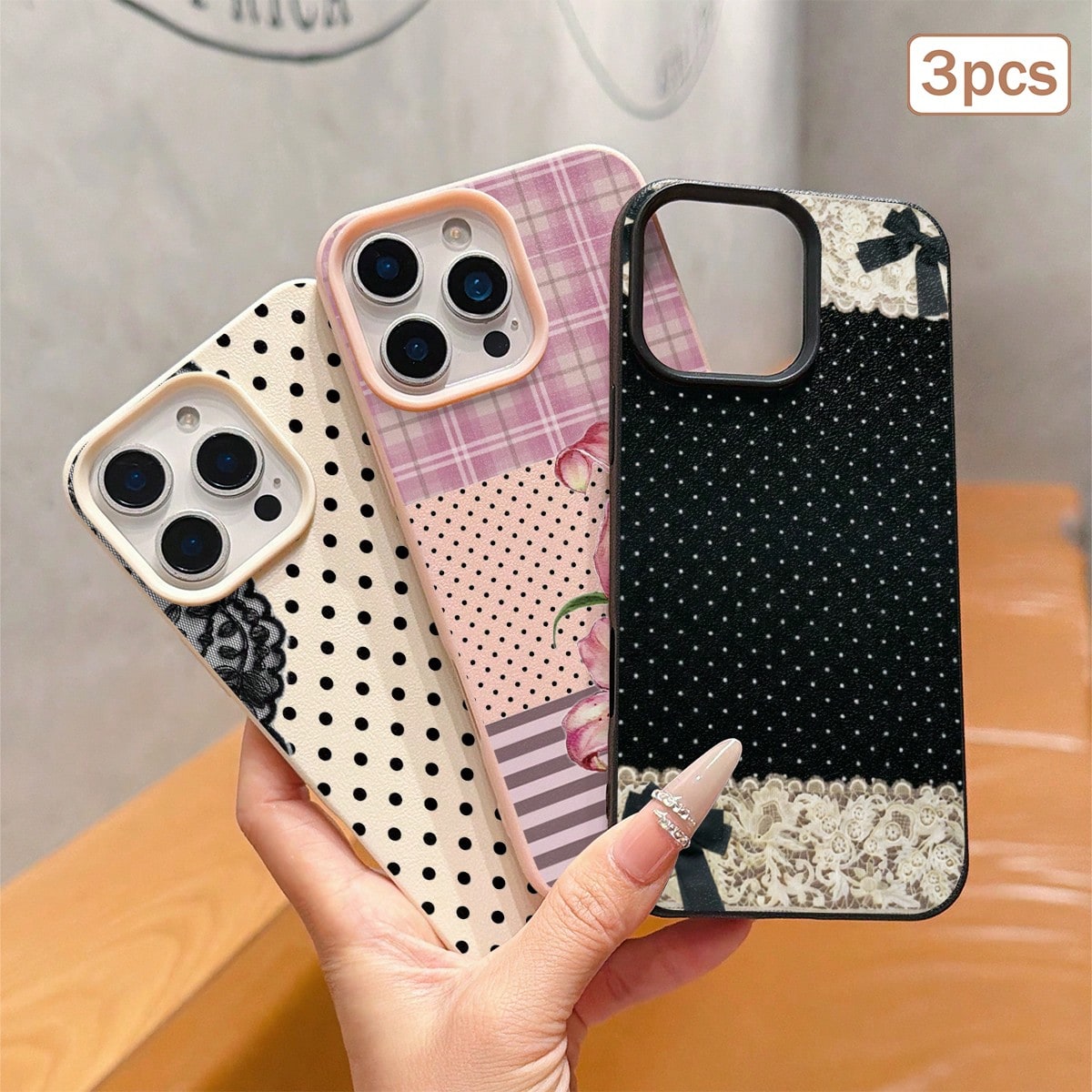 3pcs Polka Dot Print Leather Texture TPU Anti-Drop Full Coverage Protective Phone Case Compatible With Apple 11/12/13/14/15/16/17 Pro Max
