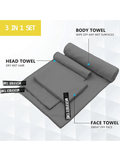 3pcs Quick Dry Camping Towels, Super Soft Microfiber Travel Towels, 3 Sizes In 1 Pack, Quick Dry Towel Set, Suitable For Camping, Beach, Gym, Sports, Yoga And Swimming Pool, Essential For Outdoor Acti