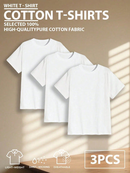 3pcs/Set 100% High-Quality Pure Cotton Men's Round-Neck Short-Sleeved Sports T-Shirt, Made Breathable Soft And Comfortable, Suitable For Fitness, Outdoor And Casual Wear All Year Round